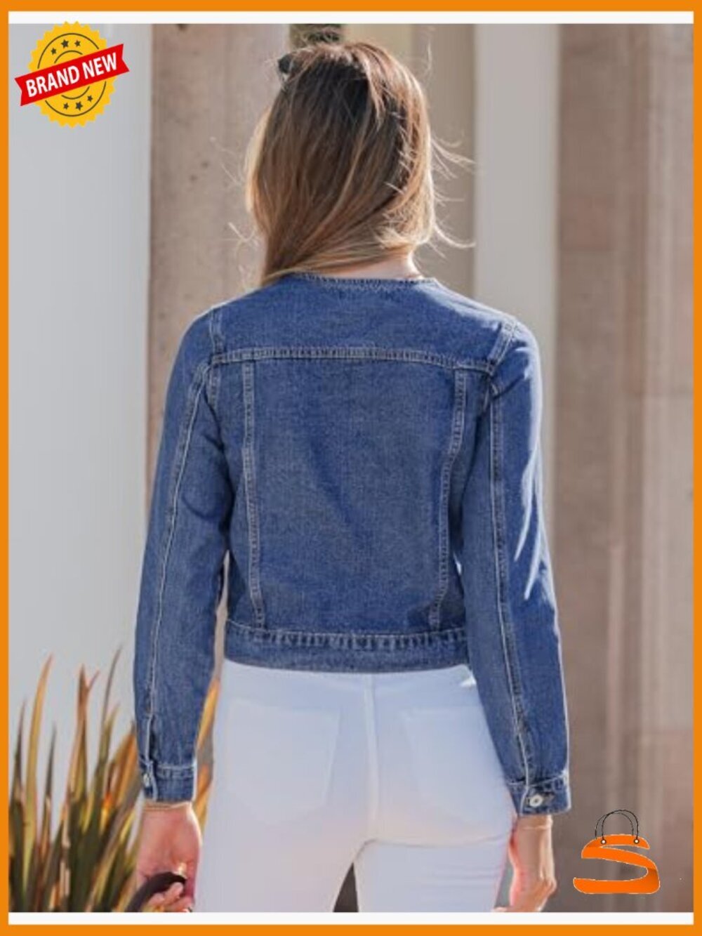 Collarless Button Down Denim Jacket Casual Western Long Sleeve Jacket - Picture 4 of 7
